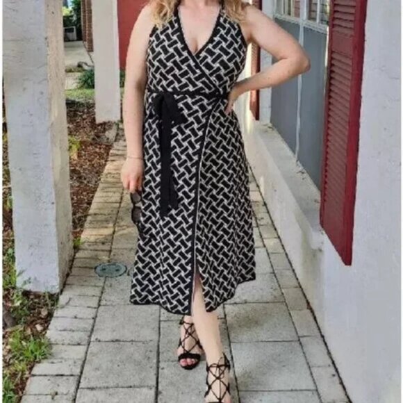 Collared Sleeveless Vintage Weave Neutral Sweaterknit Midi Wrap Dress - XXL - Picture 4 of 9